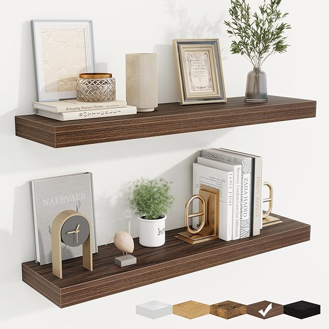 fuqing Floating Shelves for Wall, Wall Mounted Wood Floating Shelf with Invisible Brackets for Living Room, Bathroom, Bedroom, Kitchen Storage and Decor, 30 Inch Set of 2, Walnut