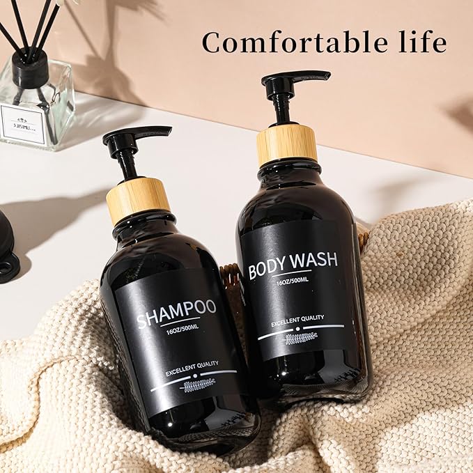 Shampoo and Conditioner Dispenser Bottles,5Pack Dispenser Bottles Refillable,16.9oz Shower Containers for Conditioner,(Black) Bathroom Shampoo Dispenser Set
