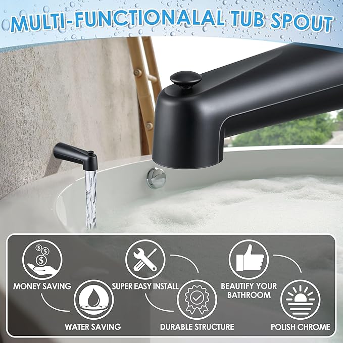Enhon 7 Inch Slip on Tub Spout with Diverter, Compatible with Moen 3839/Moen 3853, Bathtub Diverter Spout Fits 1/2" Copper Water Tube(5/8" Diameter), 5/32" Hex Wrench(Matte Black,Classic)