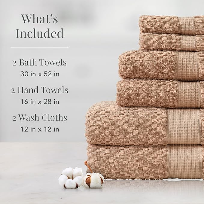 NY Loft 100% Cotton Towel Set 6 Piece Towel Set | Super Soft & Absorbent Quick-Dry 2 Bath Towels 2 Hand Towels & 2 Washcloths |Textured and Durable Cotton | 6 Piece Set, Light Taupe