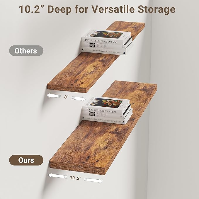 Vivelove 10 Inch Deep Floating Shelves 36 inch Long, 36 x 10 Wide Wall Shelves with Invisible Brackets, for Bedroom Bathroom Living Room Kitchen Office, Farmhouse Home Decor, Set of 2, Rustic Brown