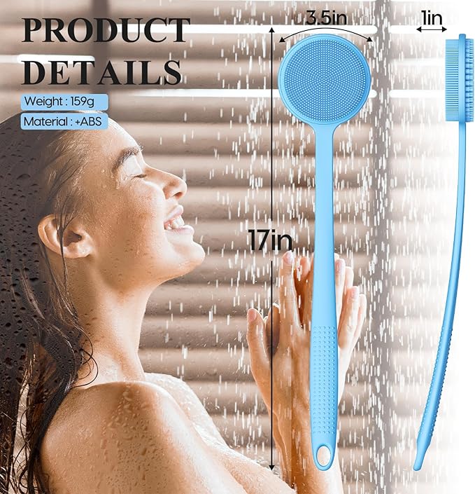 Silicone Back Scrubber for Shower, 17in Lengthen Long Handle Body Brush, Double Sided Shower Brush for Shower Exfoliating and Massage Can Produce Rich Foam, Long Handle Back Scrubber for Men