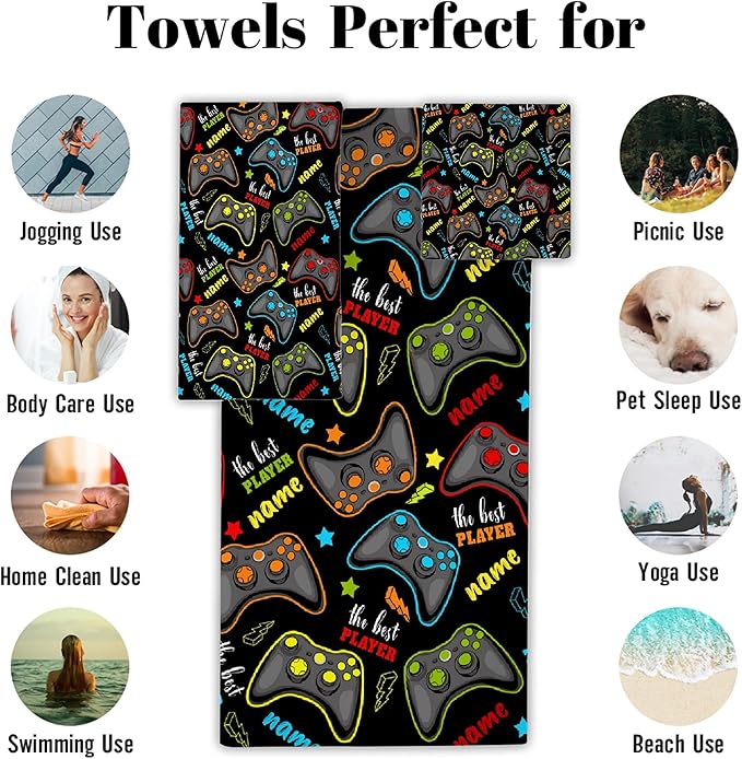 Custom Name Gaming 3 Piece Towel Bathroom Sets, 1 Bath Towel, 1 Washcloth, 1 Hand Towel, Cotton Fast Dry Soft Absorbent Towel Set for Home Kitchen Family