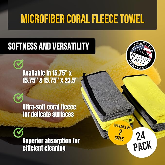 VPD Microfiber Coral Fleece Towels - Dark Yellow, Ultimate Car Drying Towels, Extra Large, Super Absorbent, Lint and Scratch Free, Perfect for Car Wax Polishing (24, 15.75" by 15.75")
