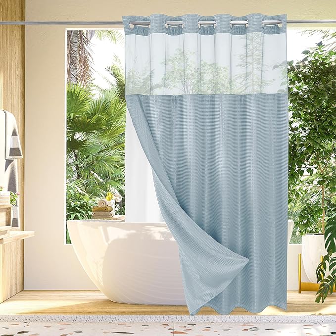 Gibelle Extra Long Shower Curtain 72x86, Waffle Weave Bathroom Shower Curtain with Snap-in Fabric Liner Set, No Hooks Needed, Hotel Style with Mesh Top Window, Fog Blue