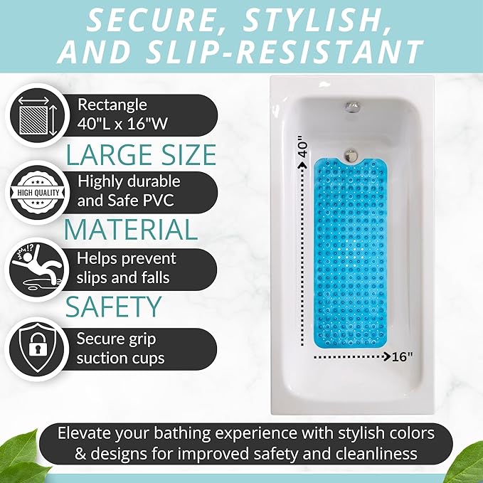 ENKOSI Bath Mat - Large Non Slip Bathtub & Shower Mat - Extra Long 40 x 16 Inch Bathroom Mats for Tub Nonslip Anti Slip Bathmats (40x16 Clear Blue 1-Pack)