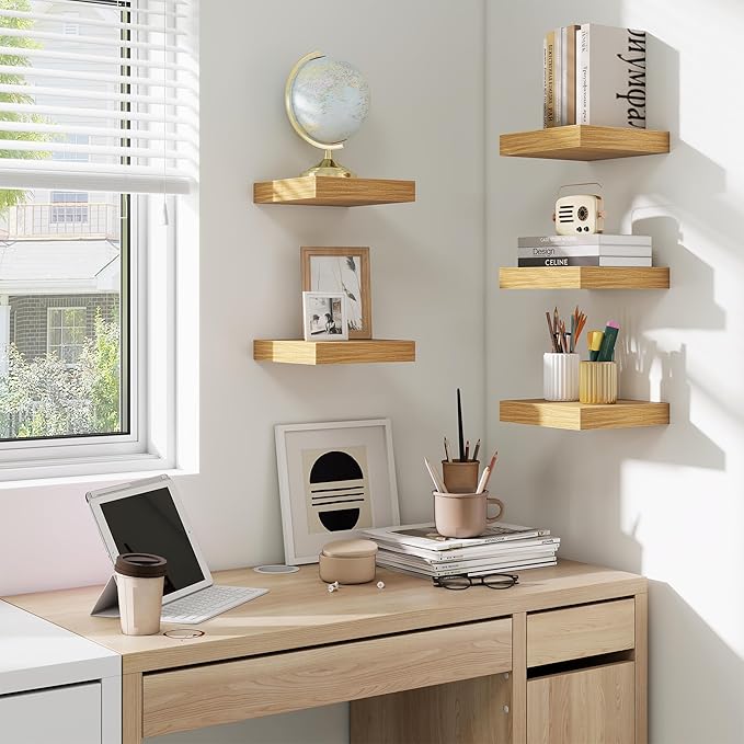 fuqing Floating Shelves for Wall, Wall Mounted Wood Floating Shelf with Invisible Brackets for Living Room, Bathroom, Bedroom, Kitchen Storage and Decor,6.5 Inch Set of 3, Oak