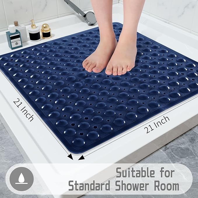 Yimobra Shower Stall Mat Non Slip, 21x21 Inch, Soft Square Bath Mat for Shower with Suction Cups and Drain Holes, Stall Floor Mats for Bathroom, Machine Washable, Bathroom Accessories,Navy Blue
