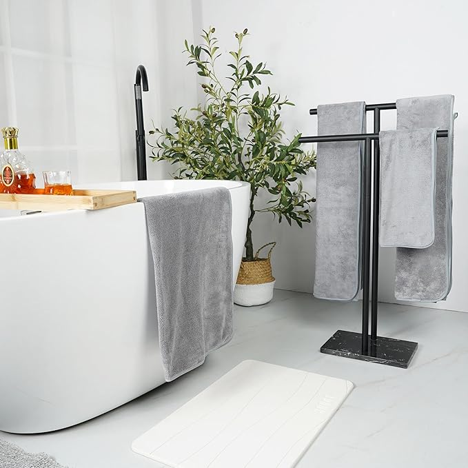 Free Standing Towel Rack for Bathroom - Matte Black Finish - Stand Alone 2 Tier Stainless Steel Towel Rack for Bathroom Floor with Heavy Marble Base - Double T Shape Drying Stand for Towels
