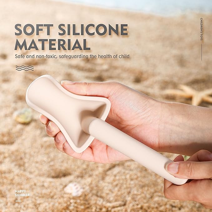 MarcZero 11Pcs Silicone Beach Toys,Modern Baby Beach Toys,Travel Friendly Beach Set,Silicone Bucket, Shovel, 8 Sand Molds, Beach Bag,Silicone Sand Toys for Toddlers, Kids (Begie)