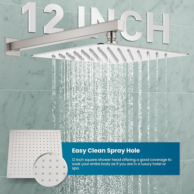 gotonovo Rainfall Bathroom Shower System Rain Shower Head and Handle Set Wall Mounted Shower Complete Combo Solid Brass Pressure Balancing Shower Mixer Valve 12 Inch Brushed Nickel