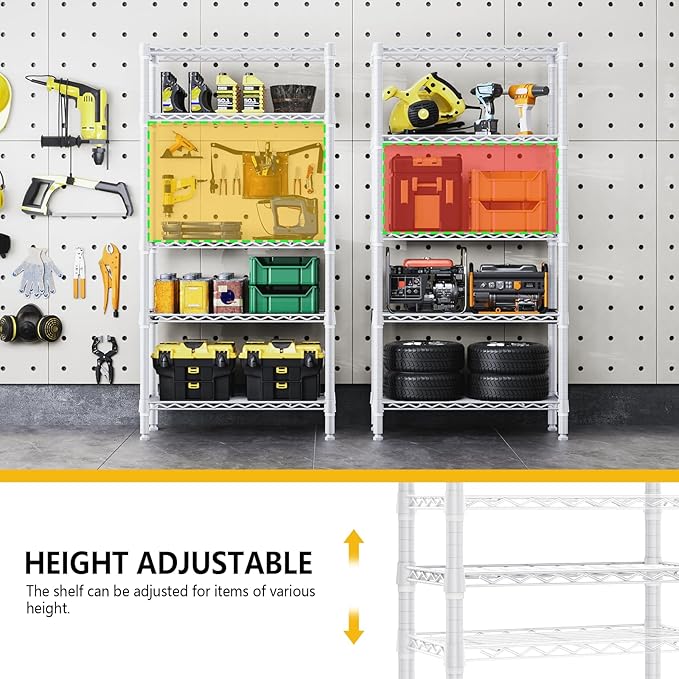 1250 lbs 5 Tier Shelf Metal Storage Shelves Wire Rack Closet Organizers for Garage Kitchen Bathroom Laundry White 11.8" D x 29.5" W x 59.5" H