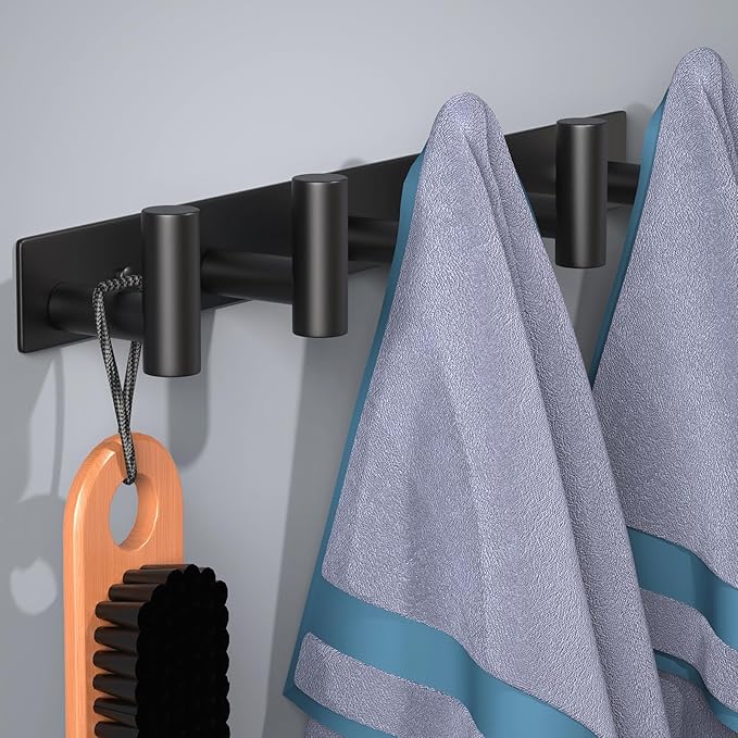 HUFEEOH 2 Pack Coat Hooks Wall Mount, Black T Shaped 5 Hooks Stainless Steel Wall Hooks Towel Rack for Hanging, Heavy Duty Key Holder Hat Rack Used for Bathroom Mudroom Entryway