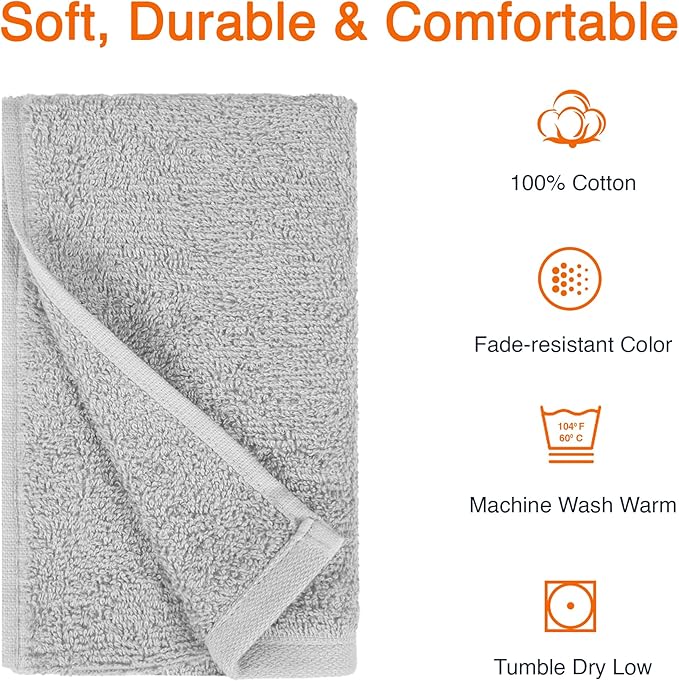Amazon Basics Soft and Thick Cotton Hand Towels, 16" x 26", Gray, 12-Pack
