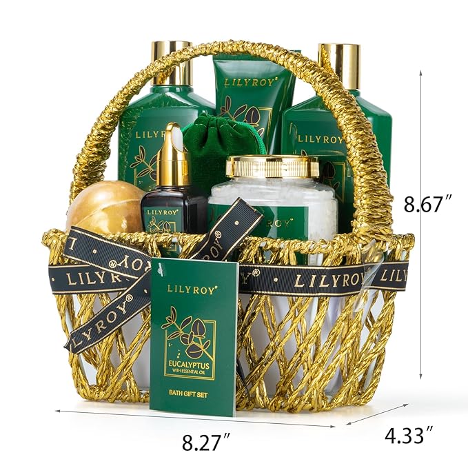 Spa Gift Basket for Christmas Gifts - 9 Pieces Premium Eucalyptus Bath & Body Care Kit for Women & Men, Holiday Gift for Mothers Day, Valentine's Day, Father's Day, Birthday with Shower Gel & More