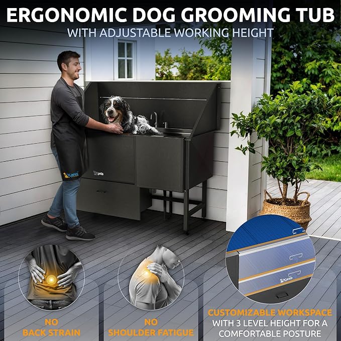 KANIS Black Line Professional Dog Washing Station - 304 Stainless Steel Pet Wash Sink & Grooming Bathtub w/Shower, Floor Grates and Storage for Large, Medium & Small Pets (61", 1 Drawers - Right Ramp)