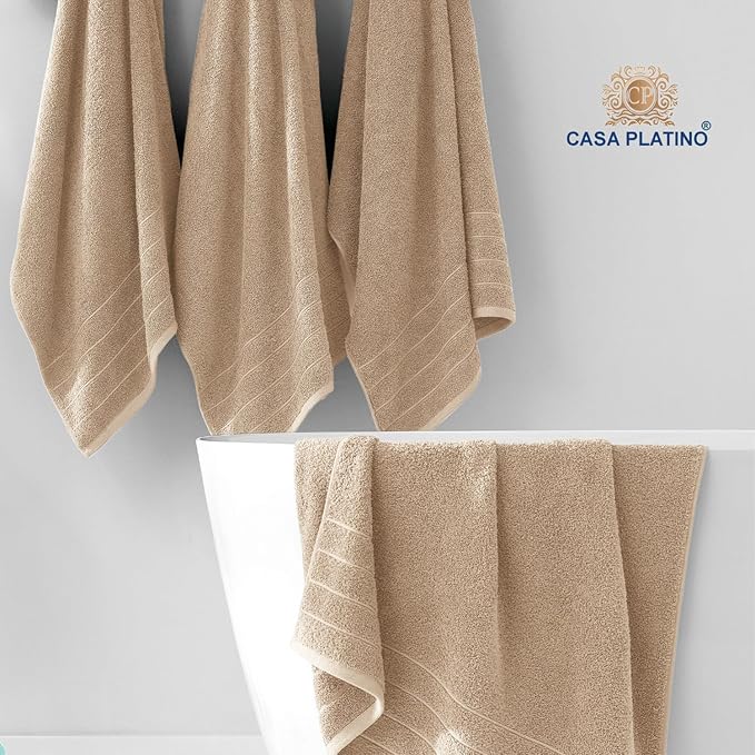 Casa Platino 100% Mercerized Cotton Bathroom Towel Set - 18 Pcs - Ring Spun, Super Soft & Highly Absorbent - 6 Large Bath Towels, 6 Washcloths, 6 Hand Towels - Wide Variety of Colours - Beige