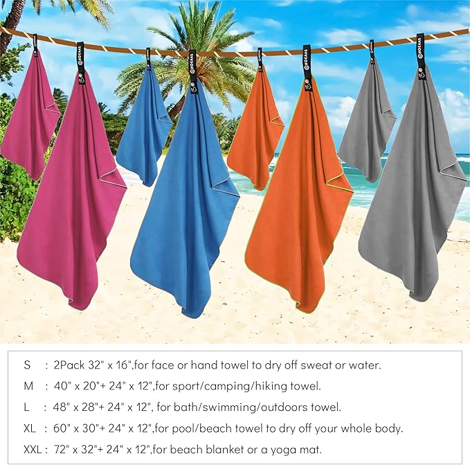 HOEAAS 2 Pack Microfiber Camping Towels, Quick Dry Towel, Super Absorbent Ultra Compact Travel Towel Soft Lightweight Sports Towel for Sweat Fast Drying Towels for Pool,Gym,Hiking,Backpacking,Fitness