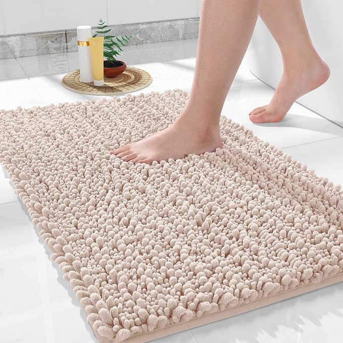 Yimobra Bathroom Rugs Non Slip Washable - Ultra Soft Absorbent Chenille Bath Mat, Quick Dry Shaggy Floor Carpet for Tub Shower, Pinkish Beige Home Decor Accessories, 24x17 Inch