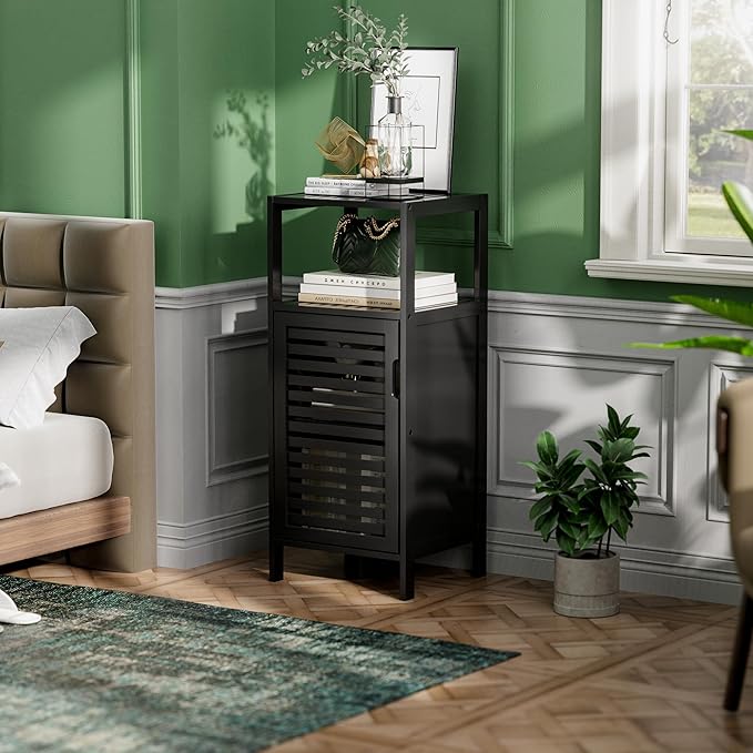 HITNET Bamboo Floor Cabinet, Small Bathroom Cabinet Floor Standing, 4 Tier Narrow Side Storage Cabinet, Space Saving Kitchen Cupboard with Single Door, Black