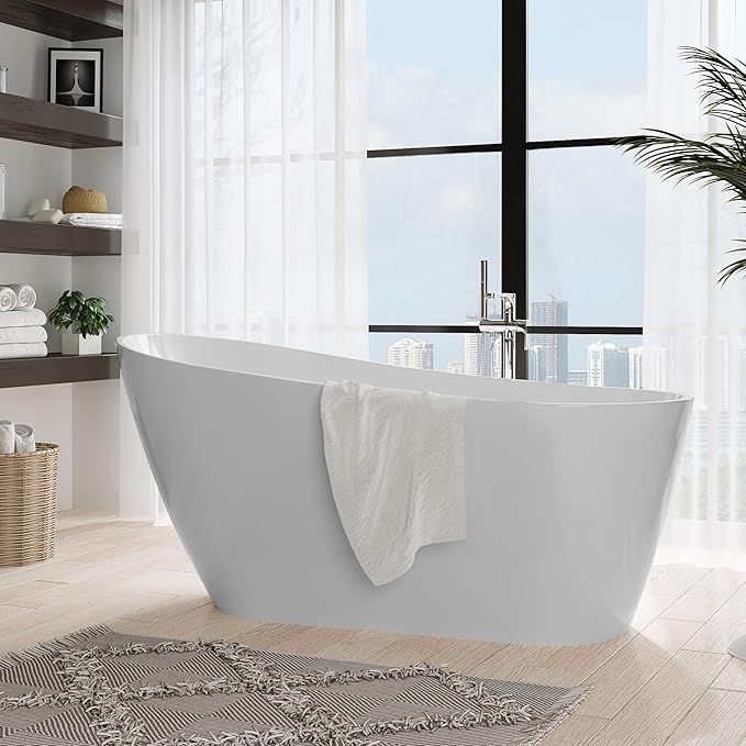 67" Acrylic Freestanding Bathtub, Modern Deep Soaking Tub, cUPC Certified Free Standing Tub, Chrome Drain/Overflow, White Acrylic, Allure White