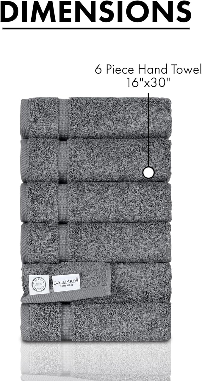 SALBAKOS 100% Turkish Cotton Hand Towel Set of 6 16x30 inch | Heirloom Quality | Hotel & Spa Collection | Ultra Soft, Super Absorbent, Long Lasting Hand Towels | Made in Turkey (Gray, 6 Hand Towels)