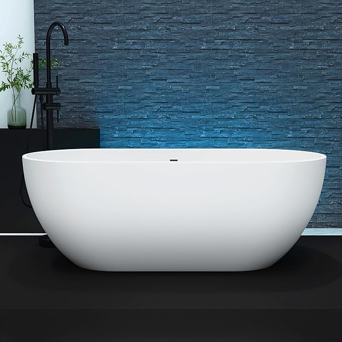 59'' Freestanding Tubs Bathtub Bathroom Solid Surface Resin Stone Bathtubs soaker Tubs Oval Shaped Matte Luxury Modern Soaking Tub with Overflow and Pop-up Drain - White