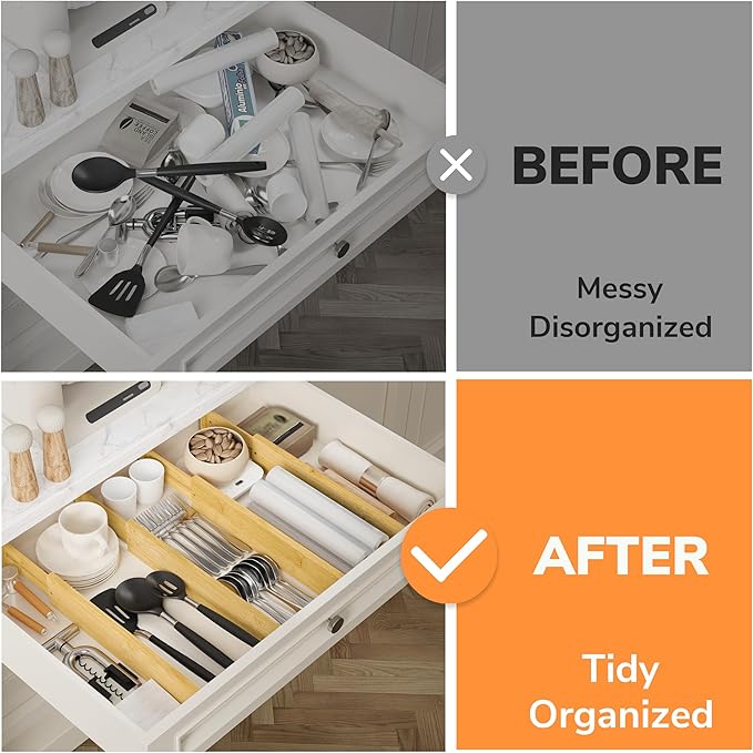 BAMEOS 3" H Large Bamboo Drawer Dividers Adjustable Drawer Organization Expandable Utensil Organizers for Kitchen Dresser Bathroom Bedroom and Office 4-pack