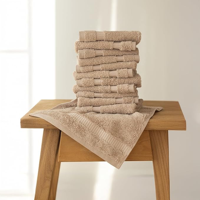 SALBAKOS 100% Turkish Cotton Washcloth Set of 12 13x13 inch | Heirloom Quality | Hotel & Spa Collection | Ultra Soft, Super Absorbent, Washcloth Towels | Made in Turkey (Ivory, 12 Washcloths)