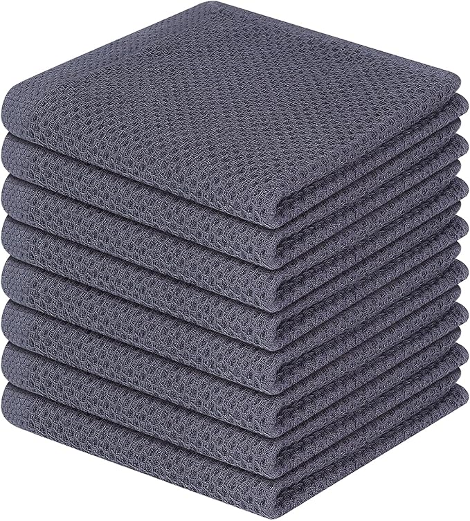 Homaxy 100% Cotton Waffle Weave Kitchen Dish Cloths, Ultra Soft Absorbent Quick Drying Dish Towels, 12 x 12 Inches, 8-Pack, Dark Grey