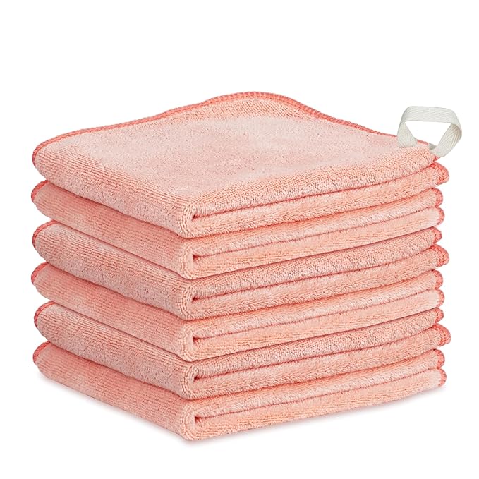 Nugilla Makeup Remover Cloth 12 x 12 Inch, Reusable Makeup Remover Towels for Washing Face, 6 Pack Washable Microfiber Face Cloth Fast Drying Washcloth, Coral