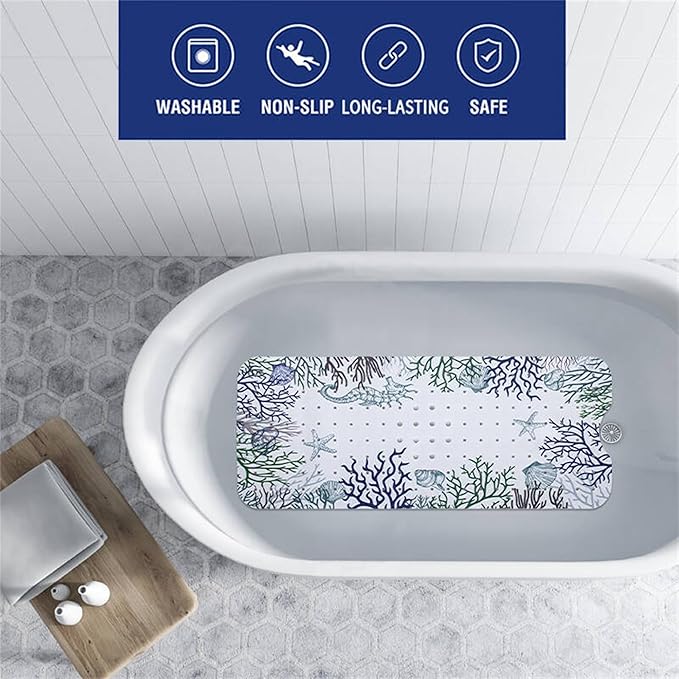 Seahorse Bathtub Mat Non Slip for Kids 40x16in Extra Long Anti Slip Bath Mat for Tub Abstract Bath Shower Mat with Large Drain Holes and Suction Cups Quality Honeycomb Design Bathroom Decor