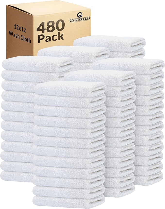 GOLD TEXTILES 480 Pack Economy White Washcloths Set (12x12 inches) - Cotton Blend Commercial Grade Cleaning Rags, Quick Drying & Soft Face Cloths, Fingertip Towels for Bathroom, Spa, Gym, and Kitchen