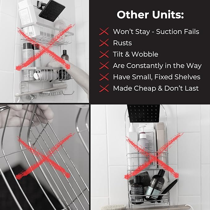 Rust Resistant Hygienic Shower Caddy – Hanging Bathroom Organizer with Adjustable Shelves, Easy Clean Trays & Magnetic Hooks for DIY Remodels & Shower Niches - Graphite