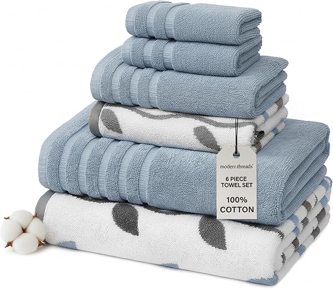 Modern Threads Organic Vines 6-Piece 100% Cotton Towel Set – Yarn Dyed Jacquard & Solid – Includes 2 Bath Towels, 2 Hand Towels, 2 Washcloths – Absorbent, Quick Dry, Soft & Durable – Blue