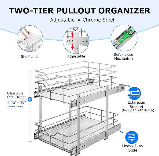 WelFurGeer 2-Tier Kitchen Cabinet Pullout Shelf and Drawer Organizer, Soft Close Pantry Pull Out Shelves, Heavy Duty Pull Out Cabinet Organizer with Shelf Liner for Kitchen Cabinets, Pantry Storage