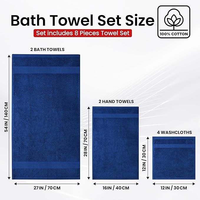 Infinitee Xclusives Luxury 100% Cotton Towel Set – 8 Piece Bathroom Towel Set (2 Bath Towels, 2 Hand Towels, 4 Washcloths) – Soft & Absorbent Towels for Bathroom (Tranquil Navy)