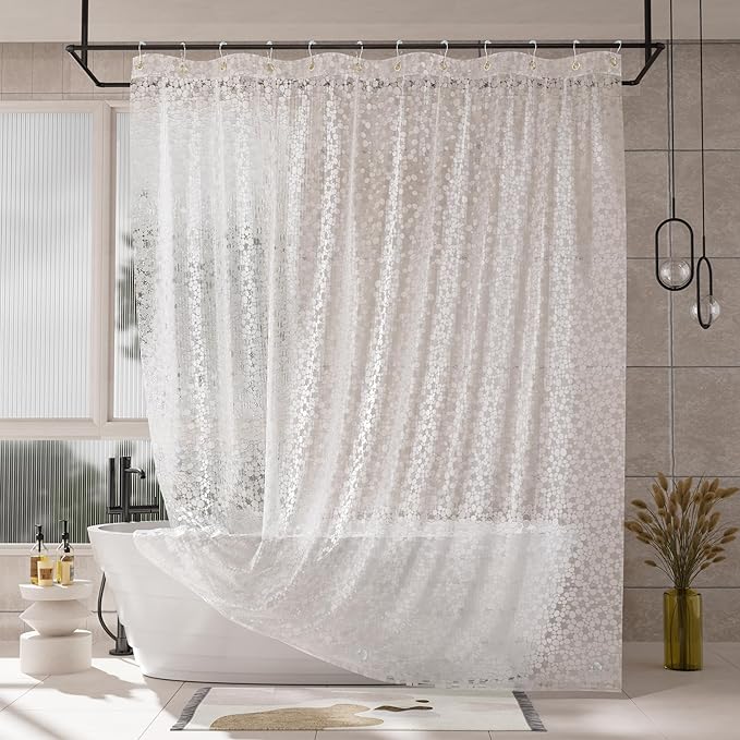 AmazerBath Heavy Duty Shower Curtain Liner, 100% EVA Clear Shower Curtain and Liner 2-in-1, 72x72 Luxury Plastic Weighted Bathroom Cobble Shower Liner, 12 Rustproof Grommets & 3 Heavyweight Stones