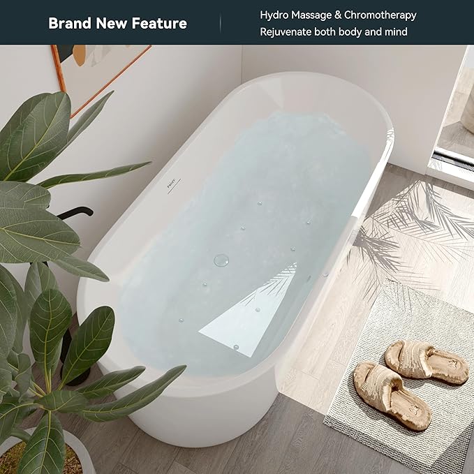 FerdY Shangri-La 67 Inch Freestanding Whirlpool Bathtub, Oval with 8 Water SPA Jets Morden White Stand Alone Jetted Tub, Luxury Acrylic Free Stand Deep Soaking Bath Tub