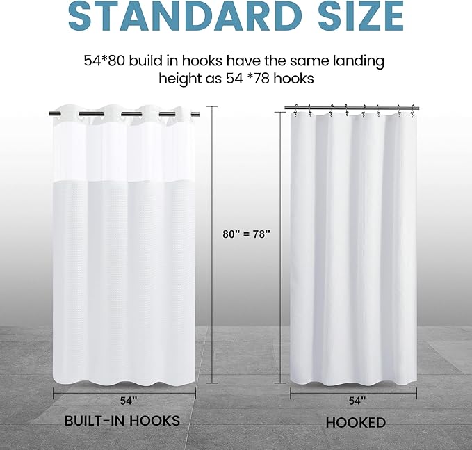 White Stall No Hook Shower Curtain with Snap in Liner,230GSM Waffle Weave Shower Curtains for Bathroom,54W x 80H