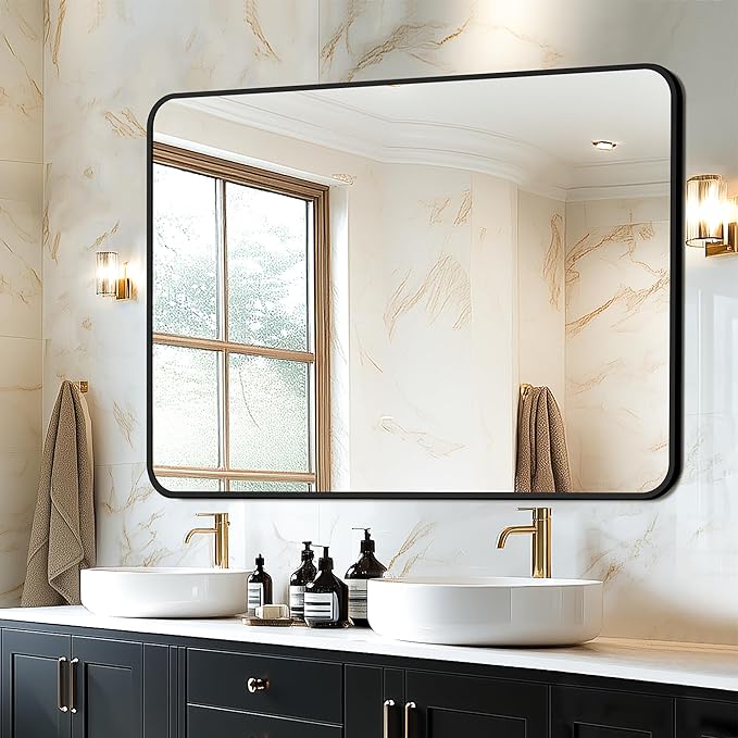 Delma Bathroom Mirror, Black Framed Bathroom Mirror for Over Sink, High-Definition Vanity Mirror, Versatile Mirror for Bathroom, Hangs Horizontally or Vertically(40x28, Black)