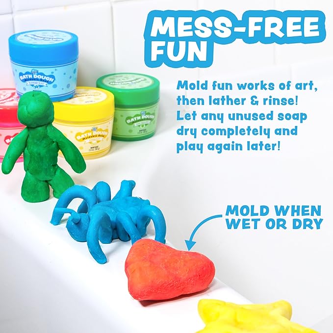 Tub Works® Bath Dough™ Moldable Kids Soap Bath Toy, Variety 6 Pack | Shape, Mold & Create Tub Art with Soapy Dough | Soft & Moldable Kids Bath Soap for Shaping | Sensory Toddler Bathtub Toys