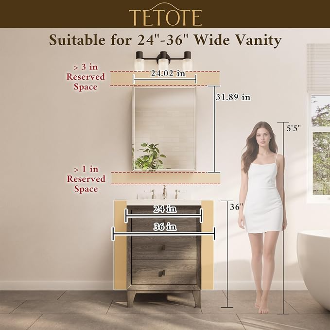 TETOTE 24 x 32 Medicine Cabinet with Mirror with Tempered Beveled Mirror Black Medicine Cabinet Aluminum Cabinet DTC Hinges, Stepless Adjustable Shelves, Recessed/Surface-Mounted