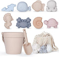 MarcZero 11Pcs Silicone Beach Toys,Modern Baby Beach Toys,Travel Friendly Beach Set,Silicone Bucket, Shovel, 8 Sand Molds, Beach Bag,Silicone Sand Toys for Toddlers, Kids (Begie)