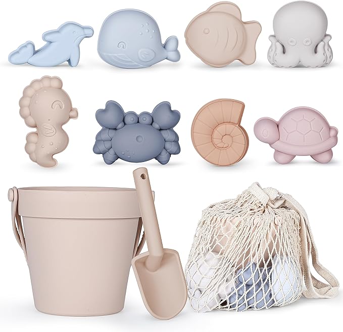 MarcZero 11Pcs Silicone Beach Toys,Modern Baby Beach Toys,Travel Friendly Beach Set,Silicone Bucket, Shovel, 8 Sand Molds, Beach Bag,Silicone Sand Toys for Toddlers, Kids (Begie)