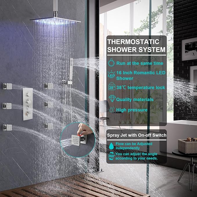 Enga Rain Shower Jet Thermostatic System Work At the Same Time, Body Spray with On-off Switch, 16inch Brushed Nickel Brass Faucet Complete Set