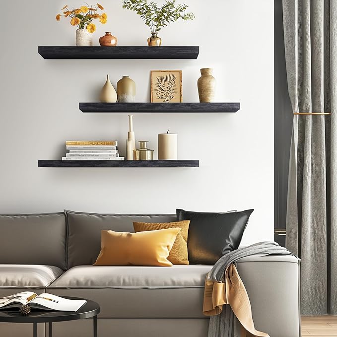 BAYKA Floating Shelves for Wall, 36 inches Long Wall Mounted Rustic Wood Shelves for Bathroom, Bedroom, Living Room, for Book/Storage/Decor with 30lbs Capacity - Black,Set of 3