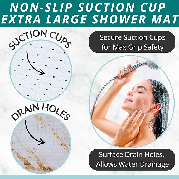 ENKOSI Extra Large Square Non Slip Shower Mat - 31 x 31-inch XL Bathroom Shower Mat - Square Shower Matts for Shower Stall Floors | Secure Suction Cups and Drain Holes (31x31 Marble White Gold)