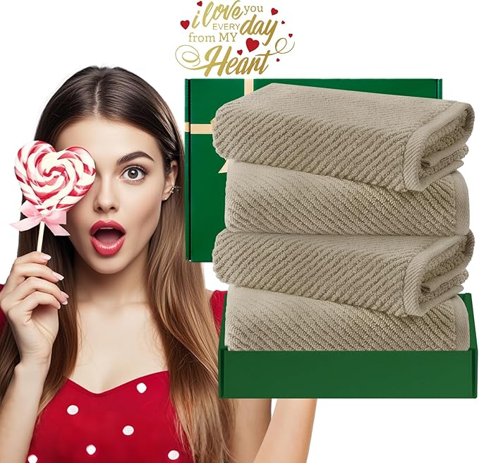 Beige Hand Towels, Hand Towels for Bathroom Set of 4, Large 18"x 28" - 100% Cotton | Lightweight | Thick | Quick Dry | Soft | Absorbent, Luxury Towel Set, Bathroom Essentials, Dark Beige