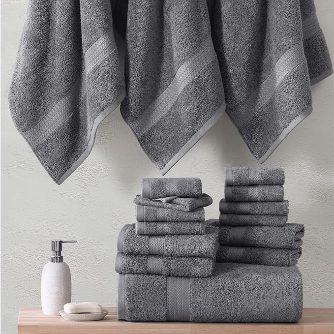 LANE LINEN 100% Cotton Bath Towel Set - Sustainably Produced, 18PCs Towels for Bathroom - 6 Hand, 8 Washcloths, 4 Shower Towels - Machine Washable, Quick Drying, Highly Absorbent - Cool Grey